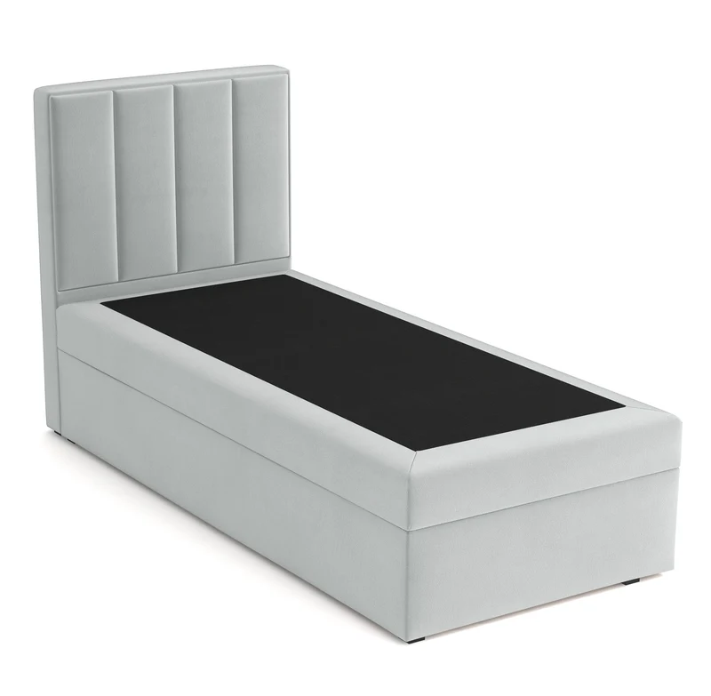 Kontinentalbett 90x200 cm Rinus mit Stauraum, hellgrauer Velours, wasserabweisend, linksseitig