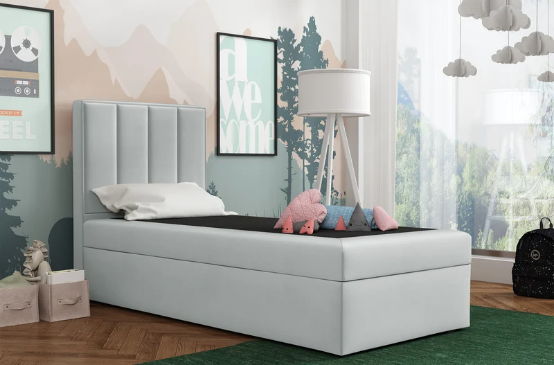 Kontinentalbett 90x200 cm Rinus mit Stauraum, hellgrauer Velours, wasserabweisend, linksseitig