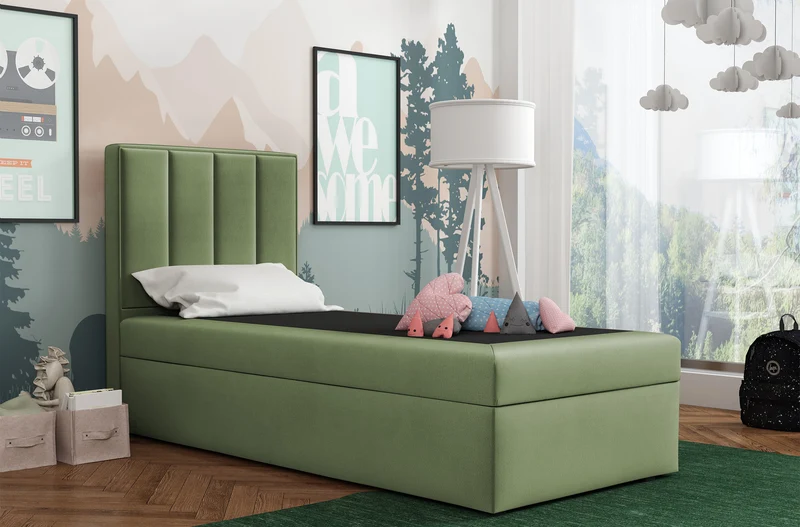 Kontinentalbett 90x200 cm Rinus mit Stauraum, salbeigrüner Velours, wasserabweisend, linksseitig