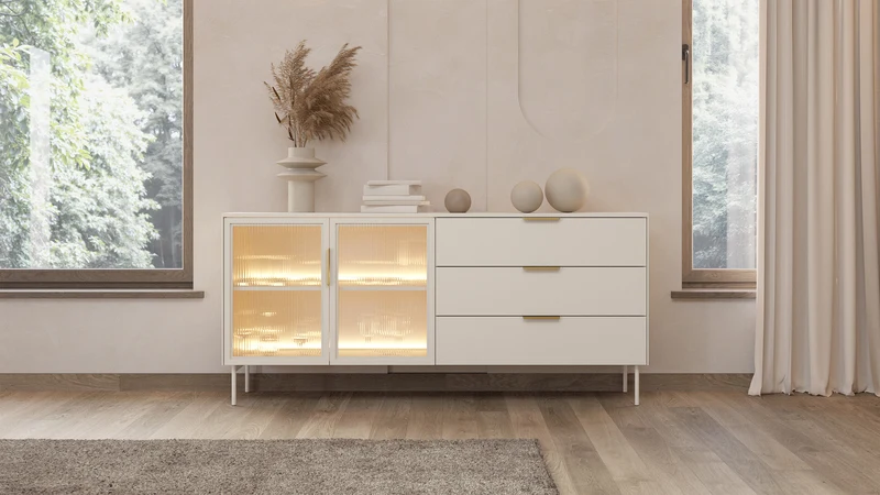 Zweiturige Vitrine Lumi mit drei Schubladen und LED-Beleuchtung, 181 cm, Kaschmir