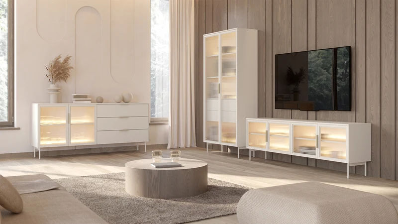 Zweiturige Vitrine Lumi mit drei Schubladen und LED-Beleuchtung, 181 cm, Kaschmir