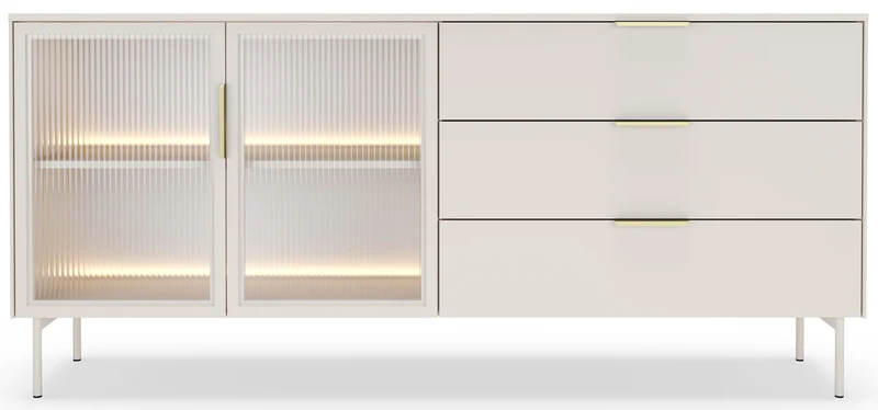 Zweiturige Vitrine Lumi mit drei Schubladen und LED-Beleuchtung, 181 cm, Kaschmir