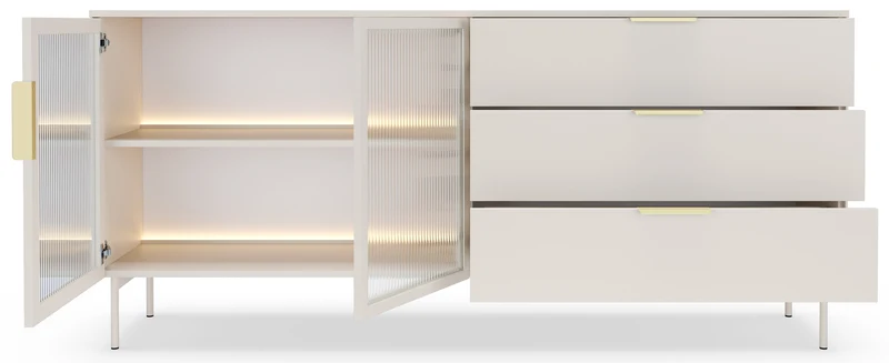 Zweiturige Vitrine Lumi mit drei Schubladen und LED-Beleuchtung, 181 cm, Kaschmir