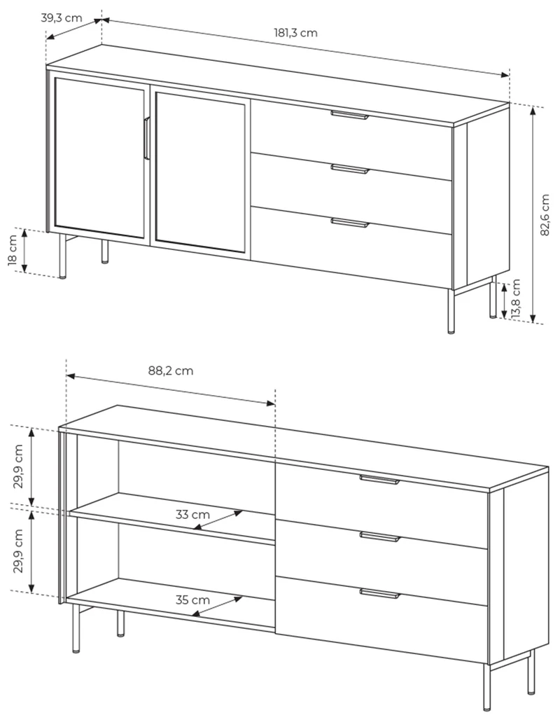 Zweiturige Vitrine Lumi mit drei Schubladen und LED-Beleuchtung, 181 cm, Kaschmir