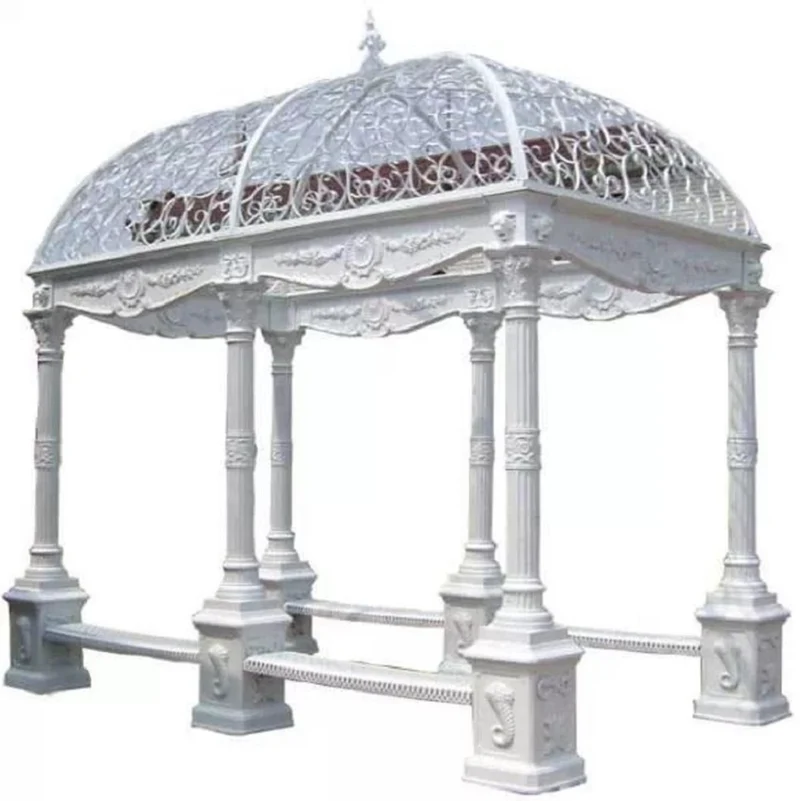 Casa Padrino Luxus Barock Garten Pavillon Weiß 390 x 250 x H. 420 cm - Gusseisen Pavillon mit integrierten Sitzbänken - Prunkvolle Garten Deko im Barockstil