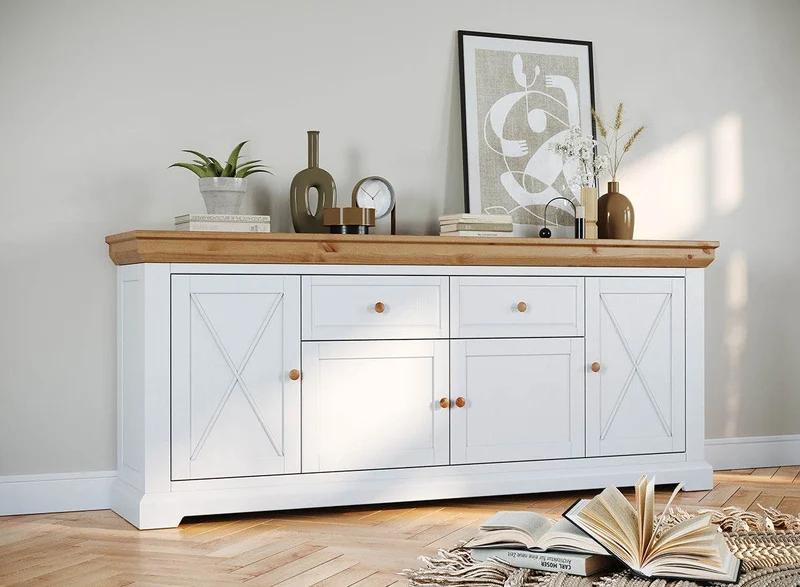 Großes Sideboard aus Massivholz | Viertürige Wohnzimmerkommode Marone Elite mit Schubladen