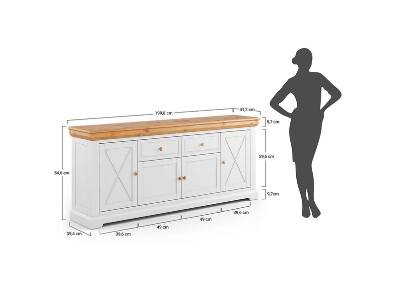 Großes Sideboard aus Massivholz | Viertürige Wohnzimmerkommode Marone Elite Tabacco mit Schubladen