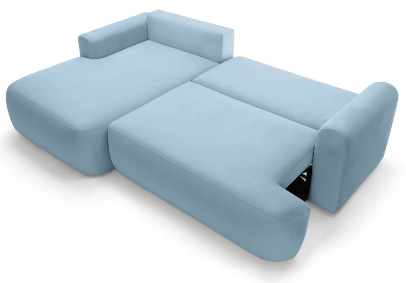 Ecksofa mit Schlaffunktion Ovo, L-förmig, linke Seite, mit Stauraum, hellblauer hydrophober Samt