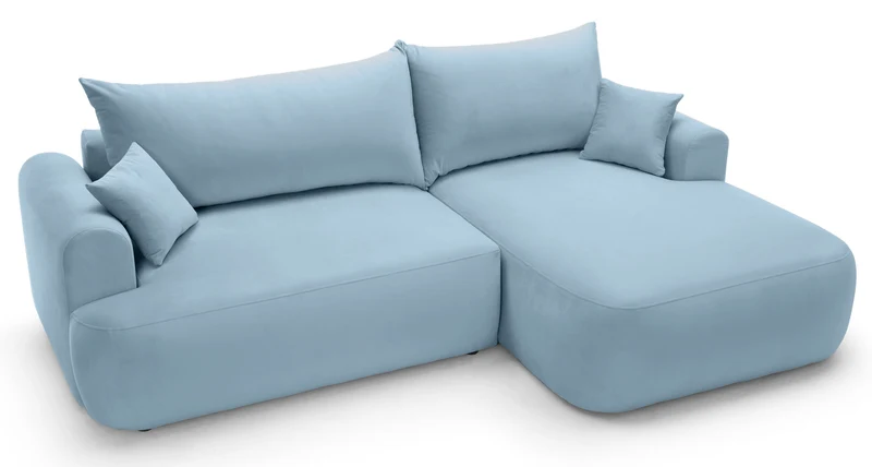 Ovo Ecksofa mit Schlaffunktion, L-Form, rechtsseitig, mit Stauraum, hellblauer hydrophober Samt