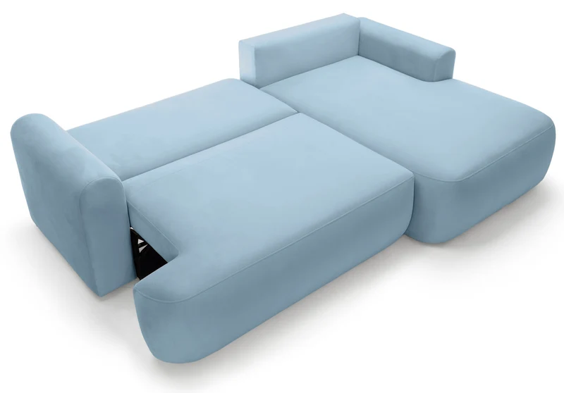 Ovo Ecksofa mit Schlaffunktion, L-Form, rechtsseitig, mit Stauraum, hellblauer hydrophober Samt