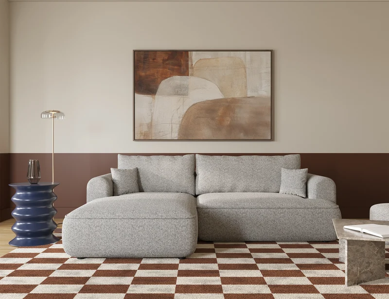 Ecksofa mit Schlaffunktion Ovo, L-förmig, grau-beige Geflecht, linksseitig