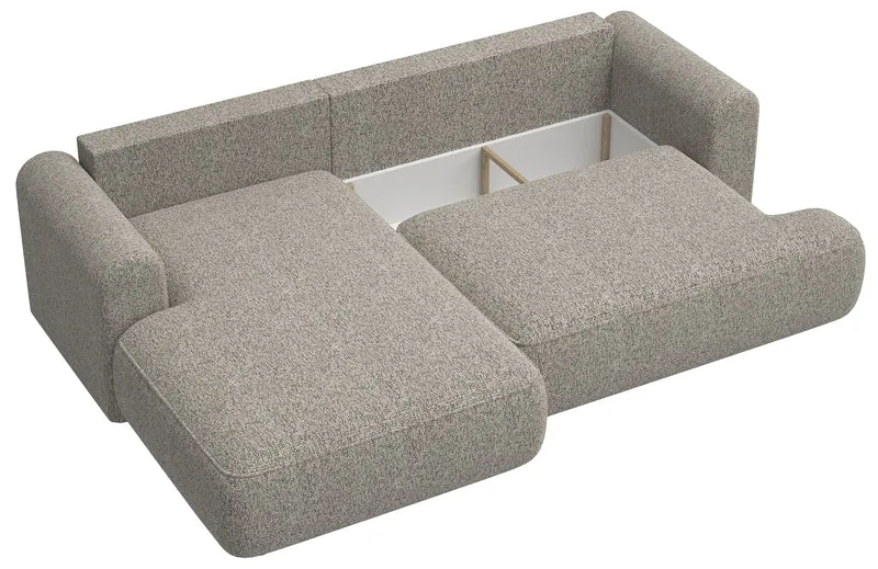 Ecksofa mit Schlaffunktion Ovo, L-förmig, dunkelbeige Flechtoptik, linksseitig