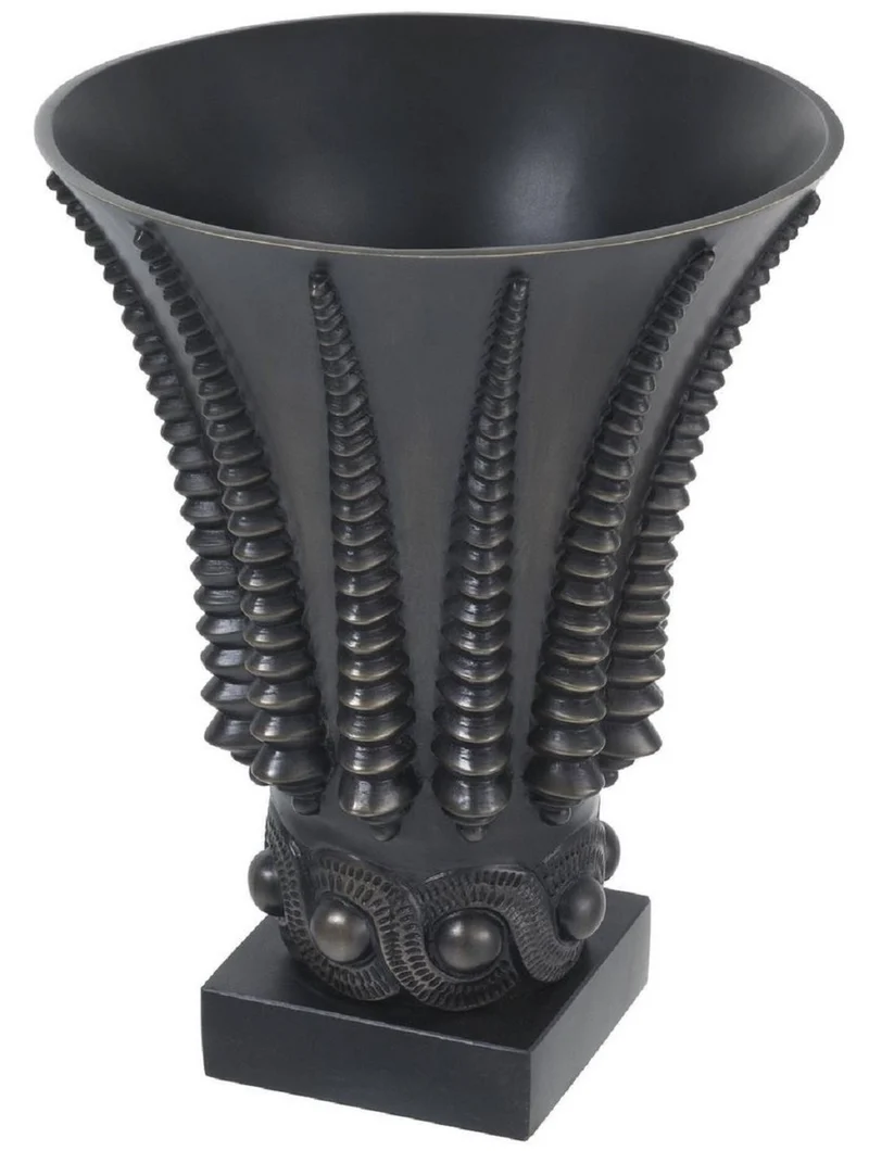 Casa Padrino Luxus Deko Vase Bronzefarben / Schwarz Ø 22 x H. 28 cm - Runde Messing Blumenvase mit Granitsockel - Luxus Qualität