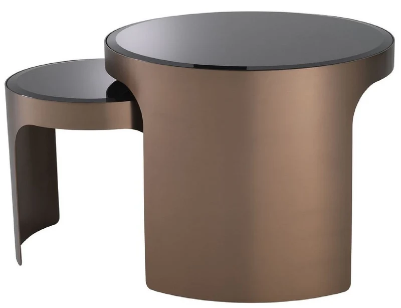 Casa Padrino Luxus Beistelltisch Set Kupferfarben / Schwarz - 2 runde Edelstahl Tische mit abgeschrägten Glasplatten - Luxus Wohnzimmer Möbel