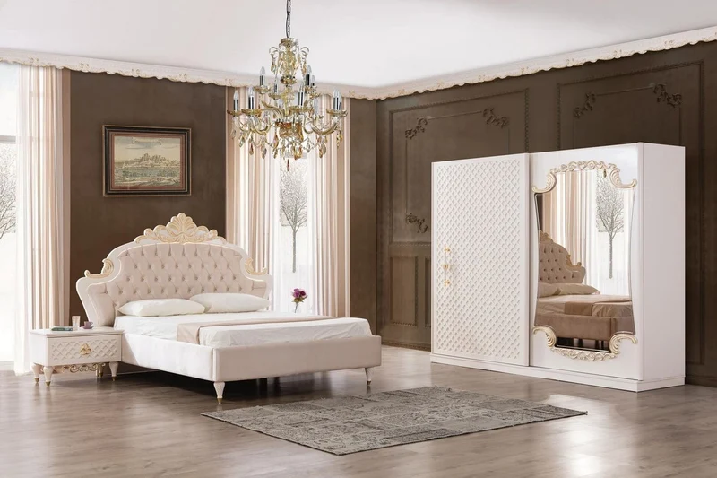 Casa Padrino Luxus Barock Schlafzimmer Set Rosa / Weiß / Gold - 1 Doppelbett mit Kopfteil & 2 Nachttische - Barock Schlafzimmer Möbel - Edel & Prunkvoll