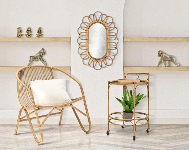 Casa Padrino Luxus Spiegel Naturfarben H. 80 cm - Wandspiegel mit Rattangeflecht