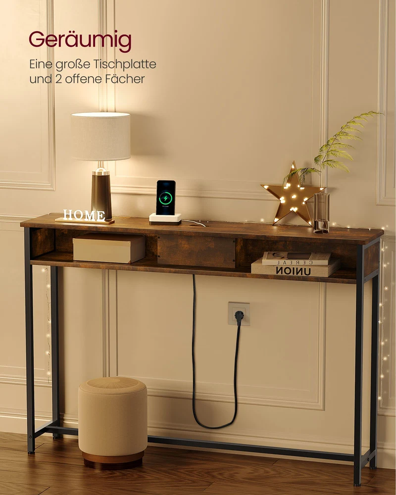 Konsolentisch mit Steckdosen und USB – Industriedesign – 120 cm breit – schick und funktional