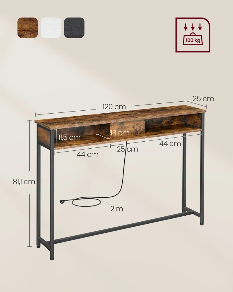 Konsolentisch mit Steckdosen und USB – Industriedesign – 120 cm breit – schick und funktional