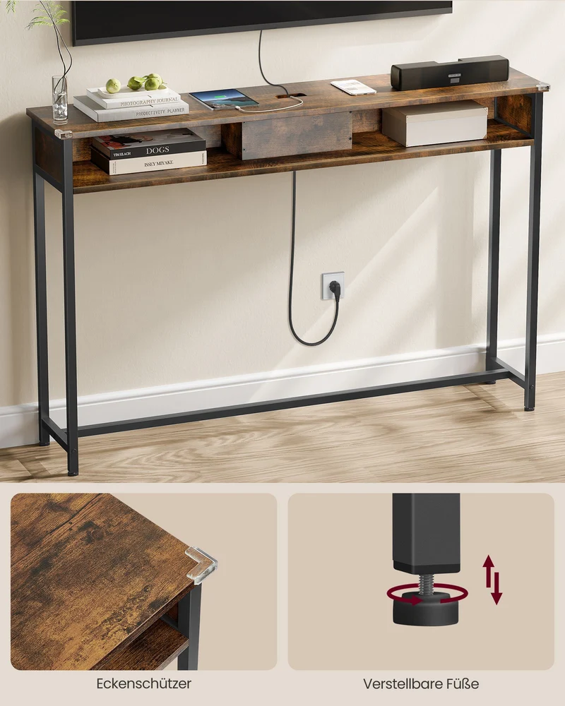 Konsolentisch mit Steckdosen und USB – Industriedesign – 120 cm breit – schick und funktional