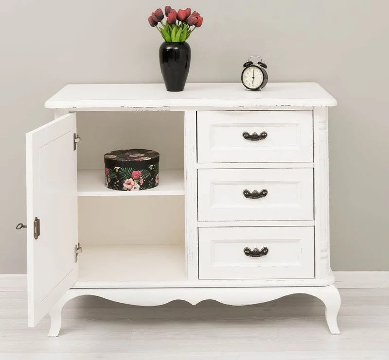 Sideboard aus Massivholz mit Tür und 3 Schubladen | Kommode mit geschwungenen Füßen | Barock