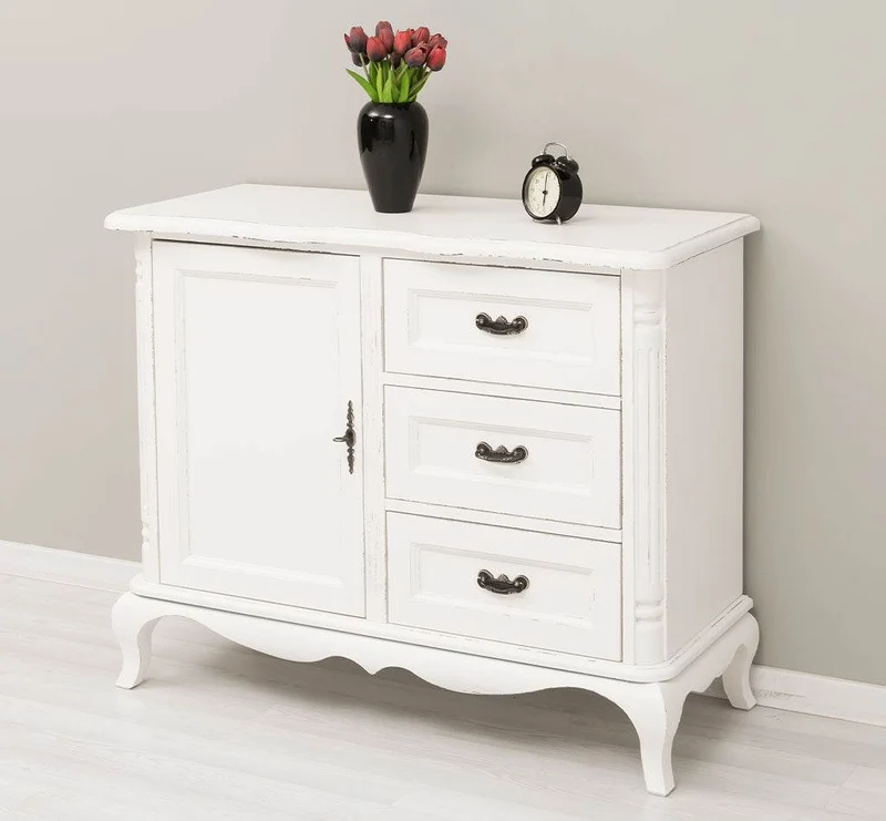 Sideboard aus Massivholz mit Tür und 3 Schubladen | Kommode mit geschwungenen Füßen | Barock