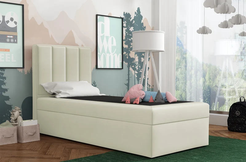 Kontinentales Bett 90x200 cm Rinus mit Stauraum, cremefarbener Velours, wasserabweisend, linksseitig