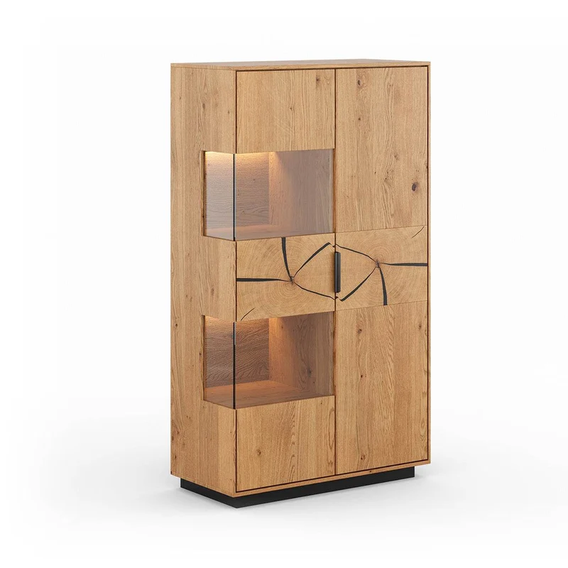 Beleuchtete Standvitrine aus massiver Eiche mit Hirnholz | Wohnzimmerschrank Tirano III mit Rückwand in grober Holzstruktur