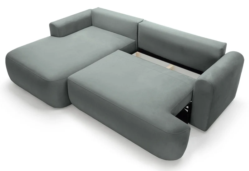 Ecksofa mit Schlafunktion Ovo, L-förmig, linksseitig, mit Stauraum, grau, pflegeleichter Samtstoff