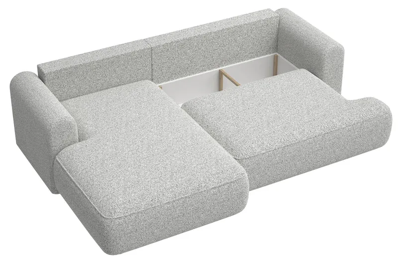 Ecksofa mit Schlaffunktion Ovo, L-förmig, hellgraues Geflecht, linksseitig