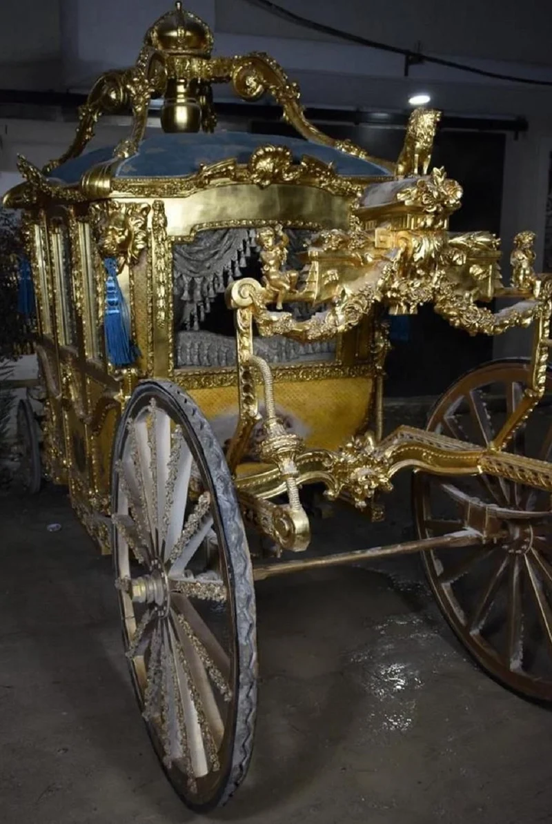 Casa Padrino Luxus Barock Königskutsche Gold / Blau / Grau - Prunkvolle Pferde Kutsche im Barockstil - Luxus Qualität - Edel & Prunkvoll