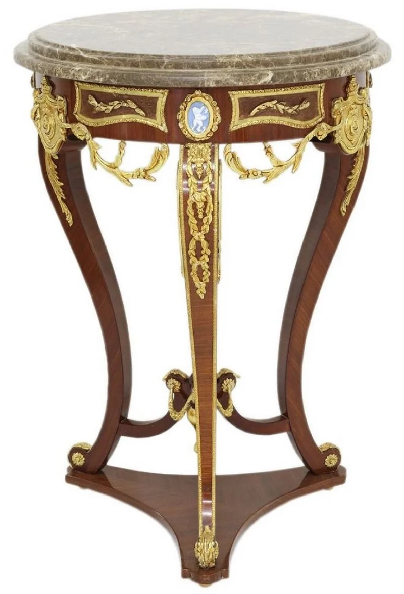 Casa Padrino Barock Beistelltisch Braun / Gold / Grau Ø 55 x H. 78 cm - Runder Massivholz Tisch im Barockstil - Barock Wohnzimmer Möbel