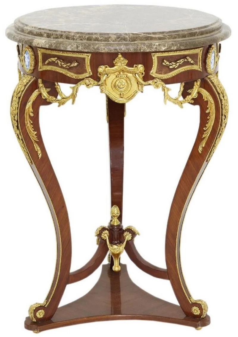 Casa Padrino Barock Beistelltisch Braun / Gold / Grau Ø 55 x H. 78 cm - Runder Massivholz Tisch im Barockstil - Barock Wohnzimmer Möbel