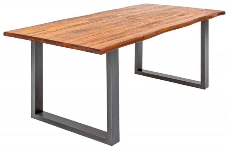 Casa Padrino Massivholz Esstisch Braun / Grau 200 x 100 x H. 76,5 cm - Moderner Küchentisch mit massiver Akazienholz Tischplatte und Metall Beinen - Massivholz Esszimmer Möbel