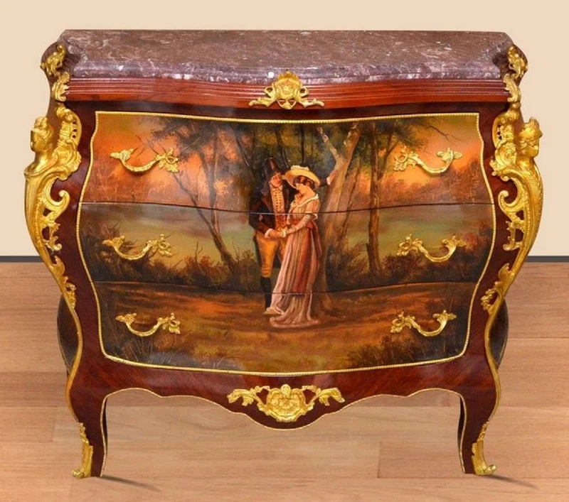 Casa Padrino Barock Kommode Braun / Gold / Rot - Handgefertigte Massivholz Kommode mit 3 Schubladen und Marmorplatte - Barock Möbel