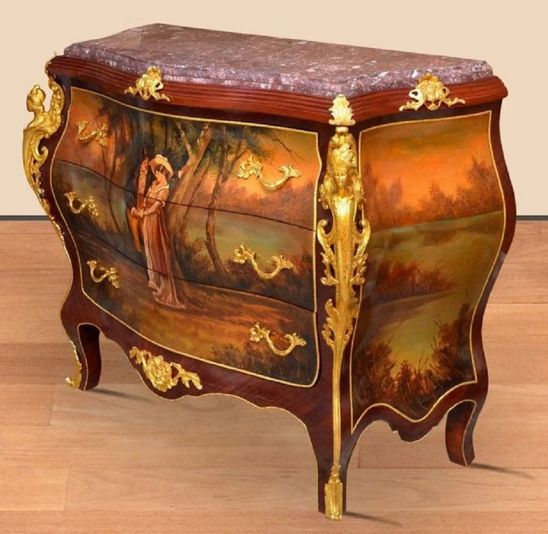 Casa Padrino Barock Kommode Braun / Gold / Rot - Handgefertigte Massivholz Kommode mit 3 Schubladen und Marmorplatte - Barock Möbel