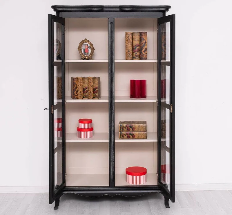 Vintage Vitrinenschrank aus Massivholz mit verglaster Doppeltür | Barock