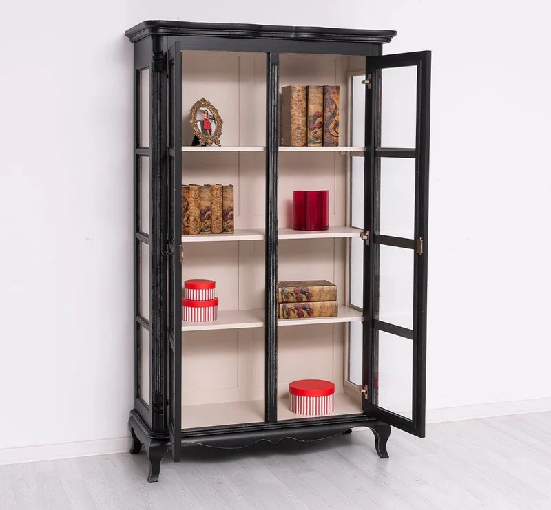Vintage Vitrinenschrank aus Massivholz mit verglaster Doppeltür | Barock