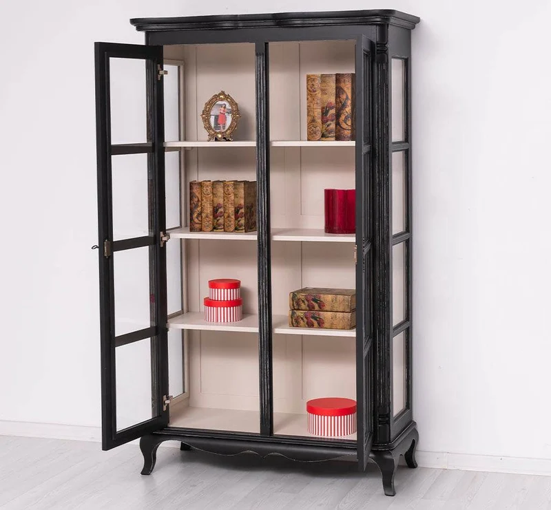 Vintage Vitrinenschrank aus Massivholz mit verglaster Doppeltür | Barock