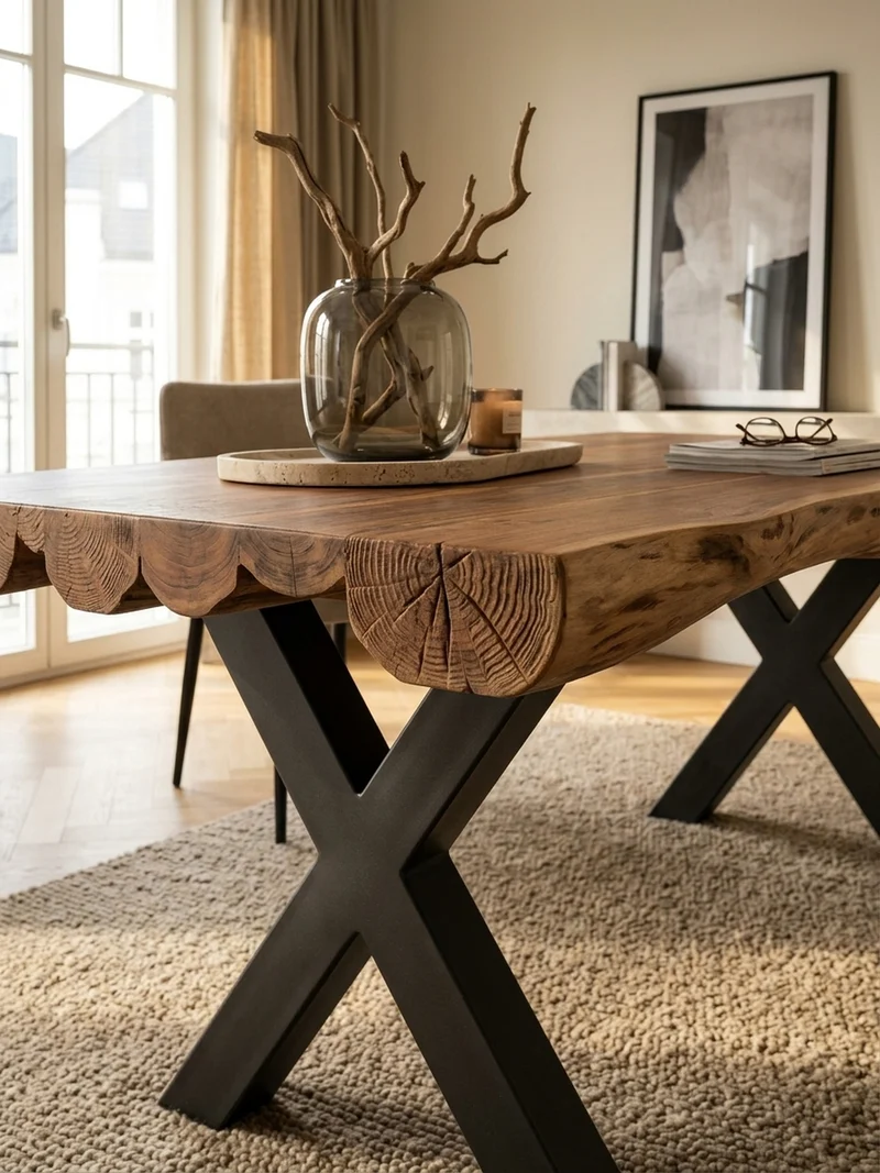 Esszimmertisch – Akazie Massivholz 200x100x77 cm X-Gestell Natur Schwarz