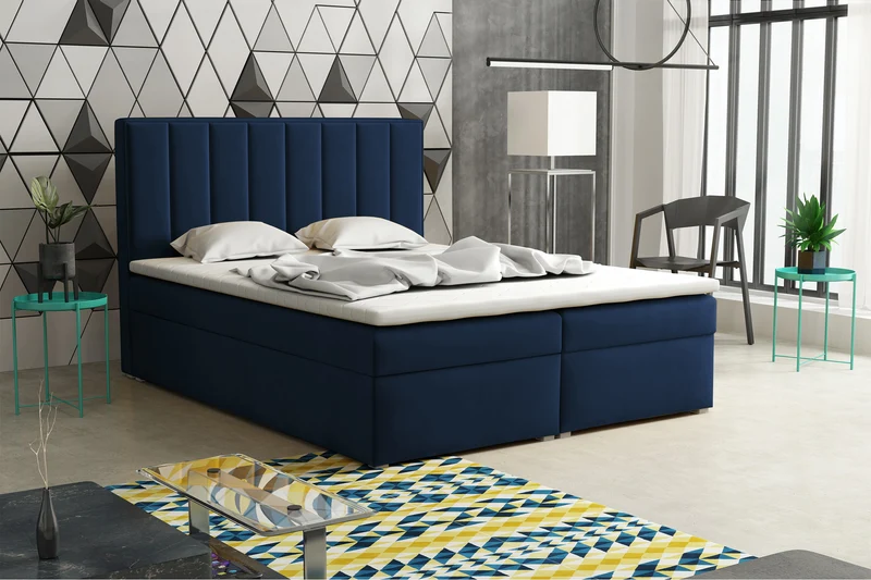 Kontinentalbett 180x200 cm Rinus mit Stauraum und Topper, dunkelblauer Samt