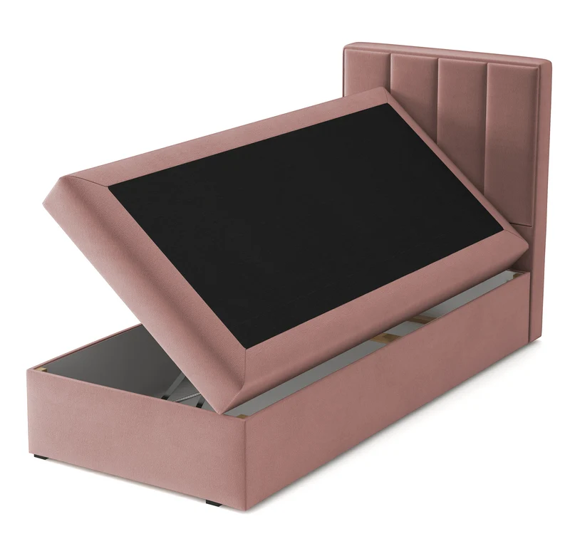 Kontinentalbett 90x200 cm Rinus mit Stauraum, rosa Velours, wasserabweisend, rechtsseitig