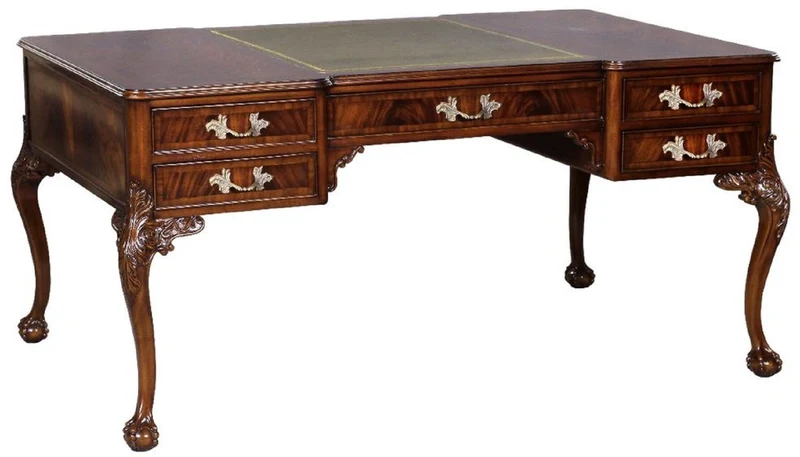 Casa Padrino Luxus Barock Schreibtisch Dunkelbraun / Silber / Grau / Gold - Handgefertigter Mahagoni Schreibtisch mit 5 Schubladen - Barock Büro Möbel
