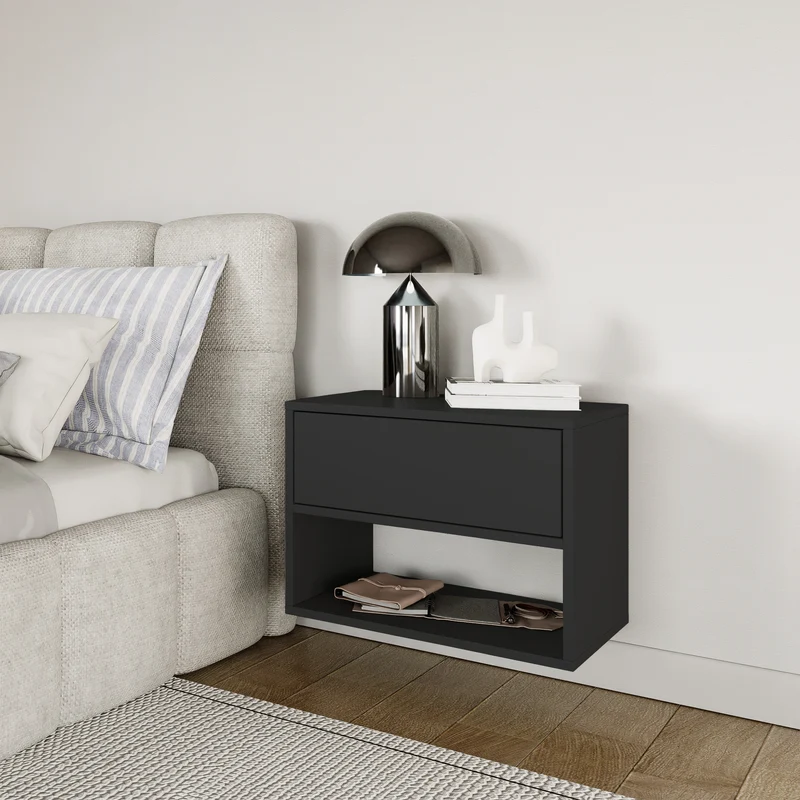 Hängender Nachttisch Framme mit Schublade und Fach, 50 cm, schwarz