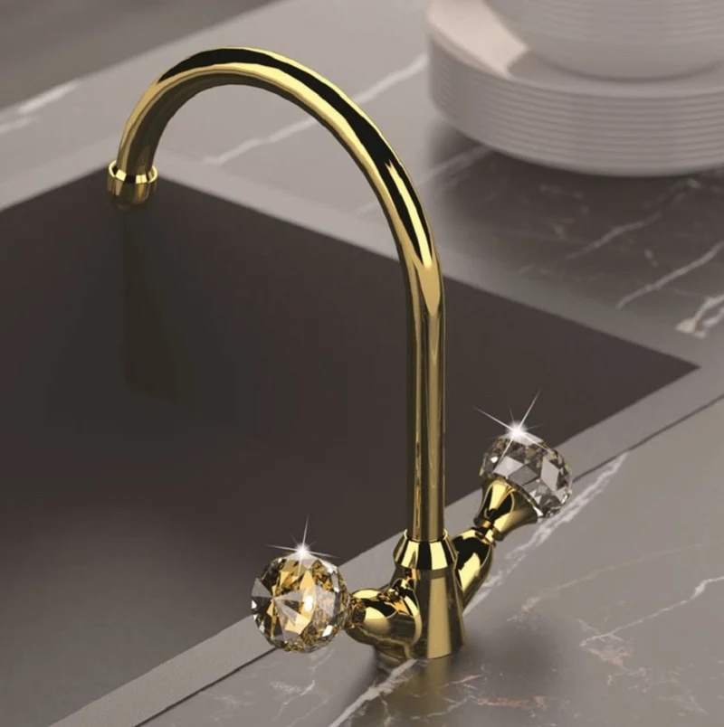 Casa Padrino Luxus Waschtisch Armatur mit Swarovski Kristallglas Gold H. 30 cm - Einlochbatterie mit Ablaufgarnitur - Luxus Bad Zubehör - Made in Italy
