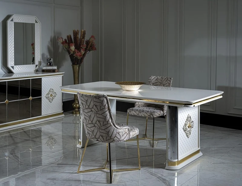 Casa Padrino Luxus Art Deco Esstisch Weiß / Gold - Handgefertigter Massivholz Küchentisch mit Spiegelglas - Art Deco Esszimmer Möbel