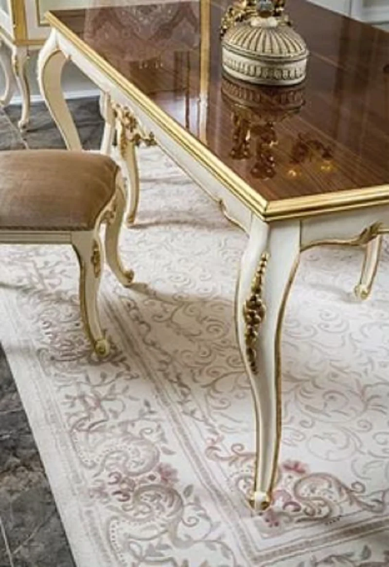 Casa Padrino Luxus Barock Esstisch Braun / Weiß / Gold - Handgefertigter Massivholz Küchentisch - Barock Esszimmer Möbel - Edel & Prunkvoll