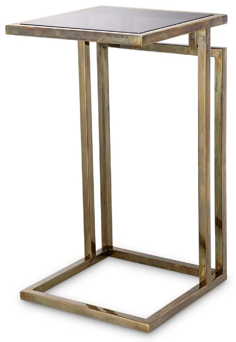 Casa Padrino Luxus Beistelltisch Vintage Messing / Grau 33 x 33 x H. 60 cm - Edelstahl Tisch mit Glasplatte - Wohnzimmer Möbel - Luxus Möbel - Luxus Einrichtung - Luxus Interior