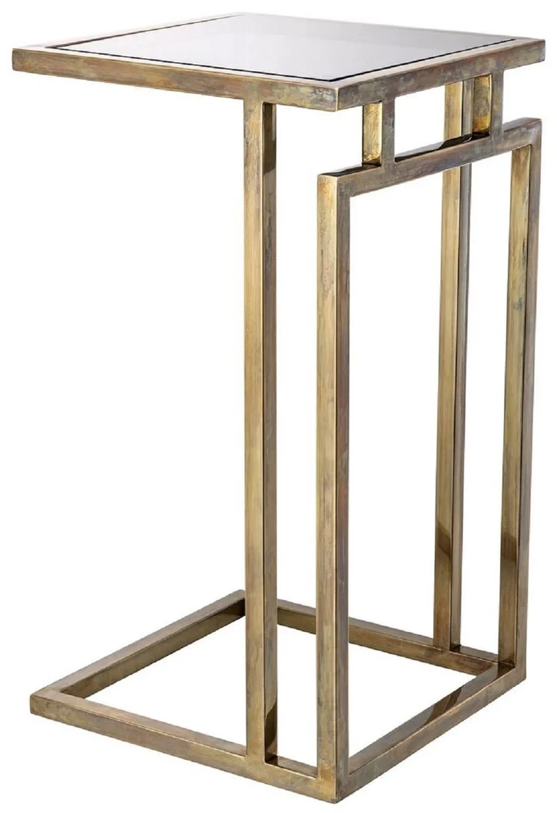 Casa Padrino Luxus Beistelltisch Vintage Messing / Grau 33 x 33 x H. 60 cm - Edelstahl Tisch mit Glasplatte - Wohnzimmer Möbel - Luxus Möbel - Luxus Einrichtung - Luxus Interior