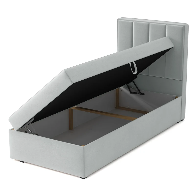Kontinentalbett 90x200 cm Rinus mit Stauraum, hellgrauer Velours, wasserabweisend, linksseitig