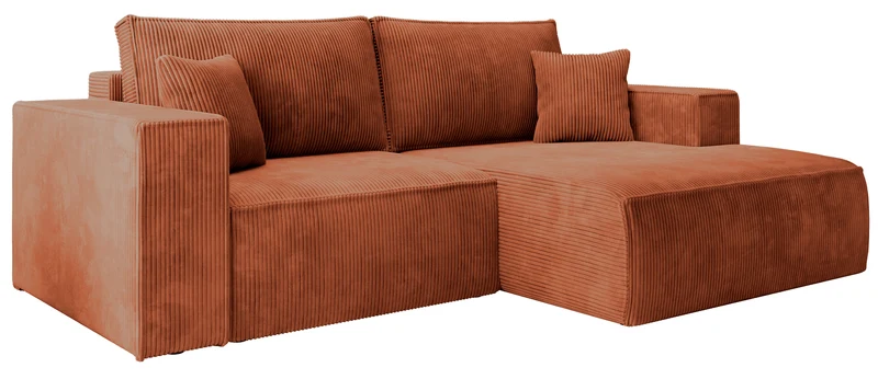 Ecksofa mit Schlaffunktion Farese Mini, L-förmig, rechtsseitig, mit Stauraum, kupferfarbener Cordstoff